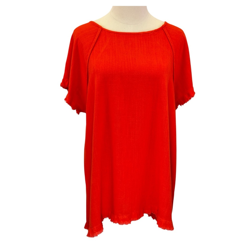 Umgee Red Linen Blend Frayed Hem Short Sleeve Tunic Top Size L